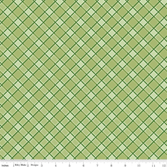 Image of Front Porch Plaid Green quilting cotton fabric by Jill Finley for Riley Blake Designs. Features squares on a green background. Cute Little Fabric Shop.