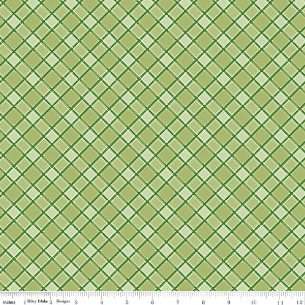 Image of Front Porch Plaid Green quilting cotton fabric by Jill Finley for Riley Blake Designs. Features squares on a green background. Cute Little Fabric Shop.