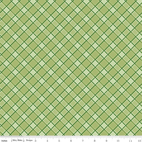 Image of Front Porch Plaid Green quilting cotton fabric by Jill Finley for Riley Blake Designs. Features squares on a green background. Cute Little Fabric Shop.