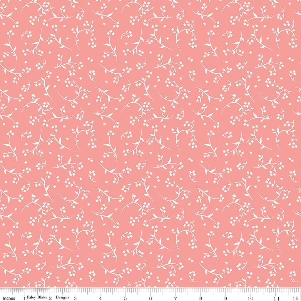 Image of Front Porch Stems Coral quilting cotton fabric by Jill Finley for Riley Blake Designs. Features flowers on a pink background. Cute Little Fabric Shop.