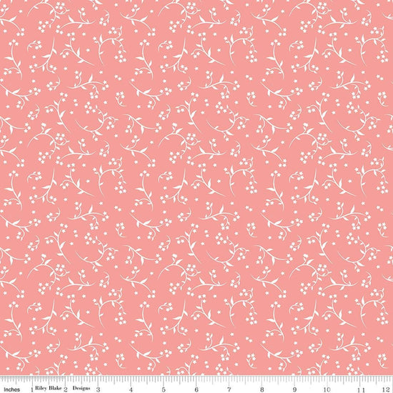 Image of Front Porch Stems Coral quilting cotton fabric by Jill Finley for Riley Blake Designs. Features flowers on a pink background. Cute Little Fabric Shop.