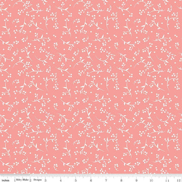 Image of Front Porch Stems Coral quilting cotton fabric by Jill Finley for Riley Blake Designs. Features flowers on a pink background. Cute Little Fabric Shop.