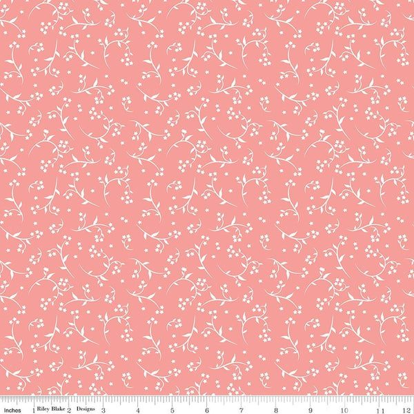 Image of Front Porch Stems Coral quilting cotton fabric by Jill Finley for Riley Blake Designs. Features flowers on a pink background. Cute Little Fabric Shop.