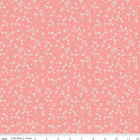 Image of Front Porch Stems Coral quilting cotton fabric by Jill Finley for Riley Blake Designs. Features flowers on a pink background. Cute Little Fabric Shop.