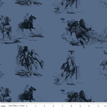 SALE Back of the Chutes Main C10130 Denim - Riley Blake Designs - Wild West Western Cowboy Horses - Quilting Cotton Fabric