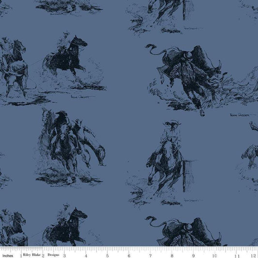 SALE Back of the Chutes Main C10130 Denim - Riley Blake Designs - Wild West Western Cowboy Horses - Quilting Cotton Fabric