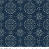 Image of Homage Doilies Oxford Blue quilting cotton fabric by Fran Gulick for Riley Blake Designs. Features printed lace on a dark blue background. Cute Little Fabric Shop.