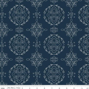 Image of Homage Doilies Oxford Blue quilting cotton fabric by Fran Gulick for Riley Blake Designs. Features printed lace on a dark blue background. Cute Little Fabric Shop.