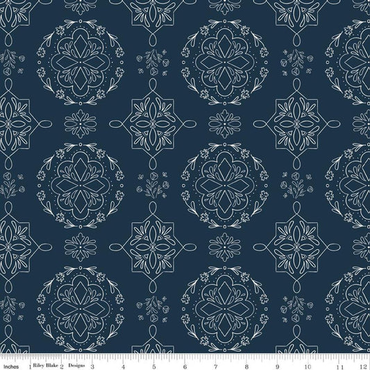 Image of Homage Doilies Oxford Blue quilting cotton fabric by Fran Gulick for Riley Blake Designs. Features printed lace on a dark blue background. Cute Little Fabric Shop.