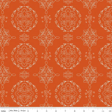 Image of Homage Doilies Pumpkin quilting cotton fabric by Fran Gulick for Riley Blake Designs. Features printed lace on an orange background. Cute Little Fabric Shop.