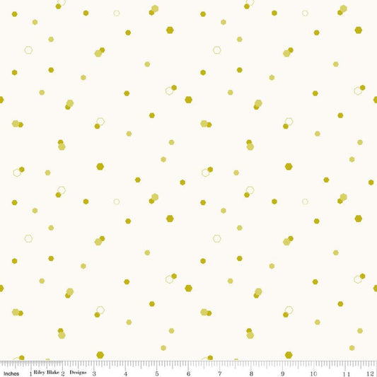 Image of Homage Hexi White quilting cotton fabric by Fran Gulick for Riley Blake Designs. Features hexagons on a cream background. Cute Little Fabric Shop.