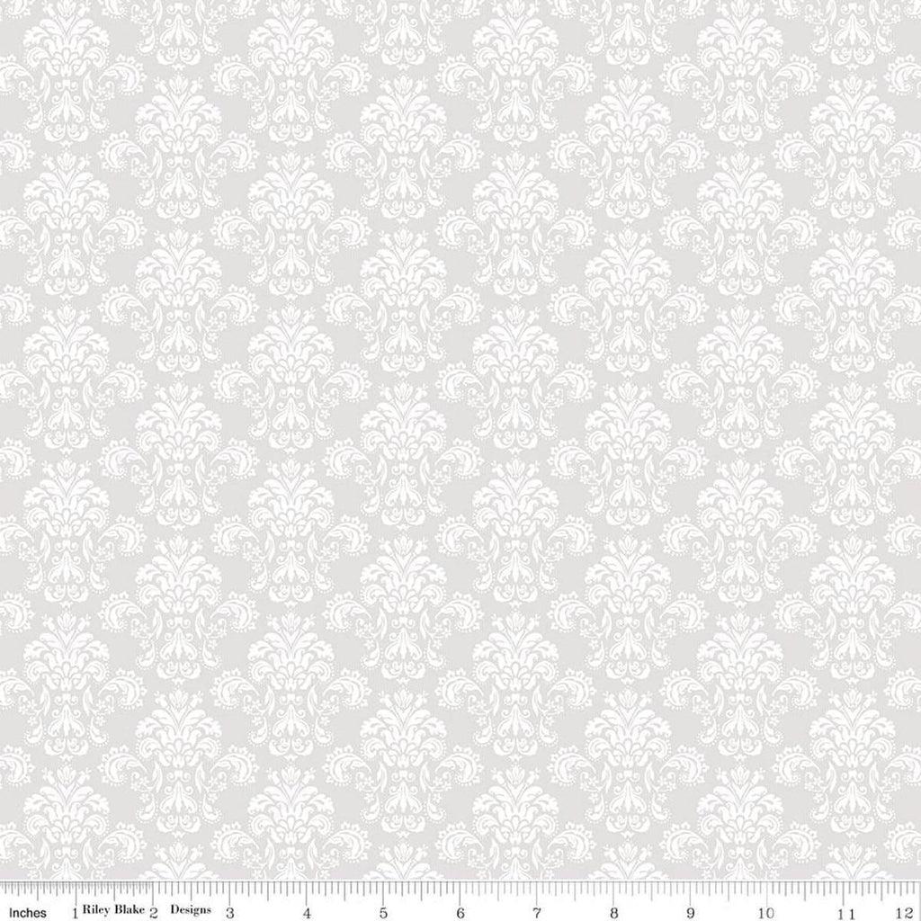 Image of Elegant Essentials Damask White quilting cotton fabric by Jennifer Bosworth for Riley Blake Designs. Features damask on a white background. Cute Little Fabric Shop.