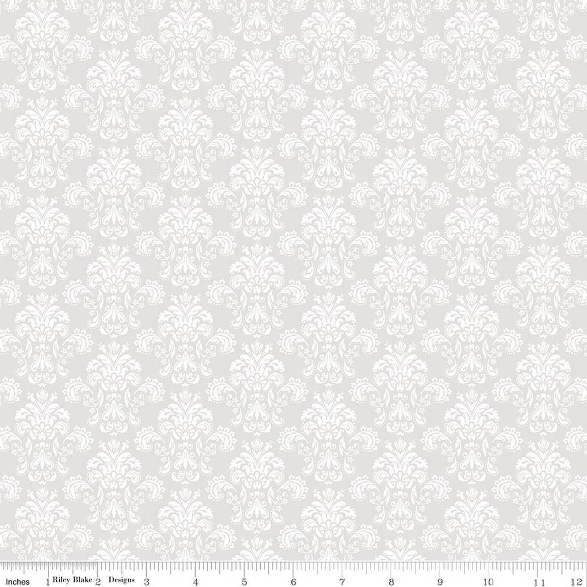 Image of Elegant Essentials Damask White quilting cotton fabric by Jennifer Bosworth for Riley Blake Designs. Features damask on a white background. Cute Little Fabric Shop.
