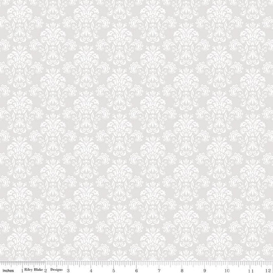 Image of Elegant Essentials Damask White quilting cotton fabric by Jennifer Bosworth for Riley Blake Designs. Features damask on a white background. Cute Little Fabric Shop.