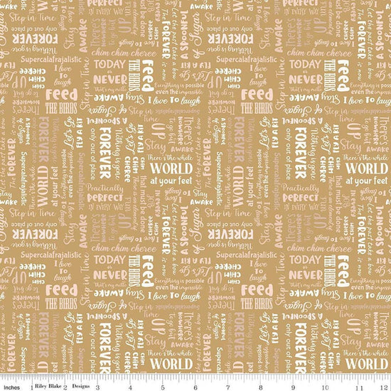 Image of A Spoonful of Sugar Storybook Gold quilting cotton fabric by Jennifer Long for Riley Blake Designs. Features words on a yellow background. Cute Little Fabric Shop