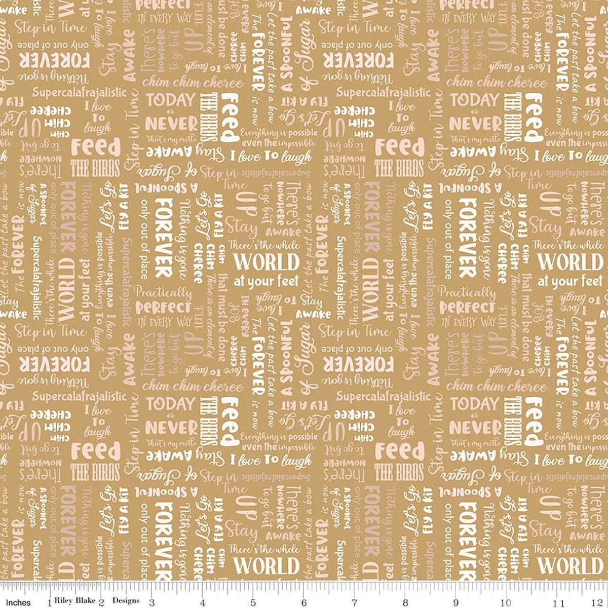 Image of A Spoonful of Sugar Storybook Gold quilting cotton fabric by Jennifer Long for Riley Blake Designs. Features words on a yellow background. Cute Little Fabric Shop