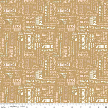 Image of A Spoonful of Sugar Storybook Gold quilting cotton fabric by Jennifer Long for Riley Blake Designs. Features words on a yellow background. Cute Little Fabric Shop
