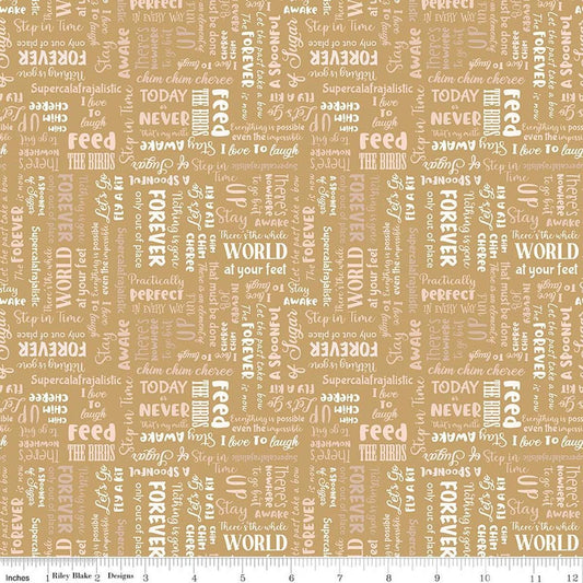 Image of A Spoonful of Sugar Storybook Gold quilting cotton fabric by Jennifer Long for Riley Blake Designs. Features words on a yellow background. Cute Little Fabric Shop