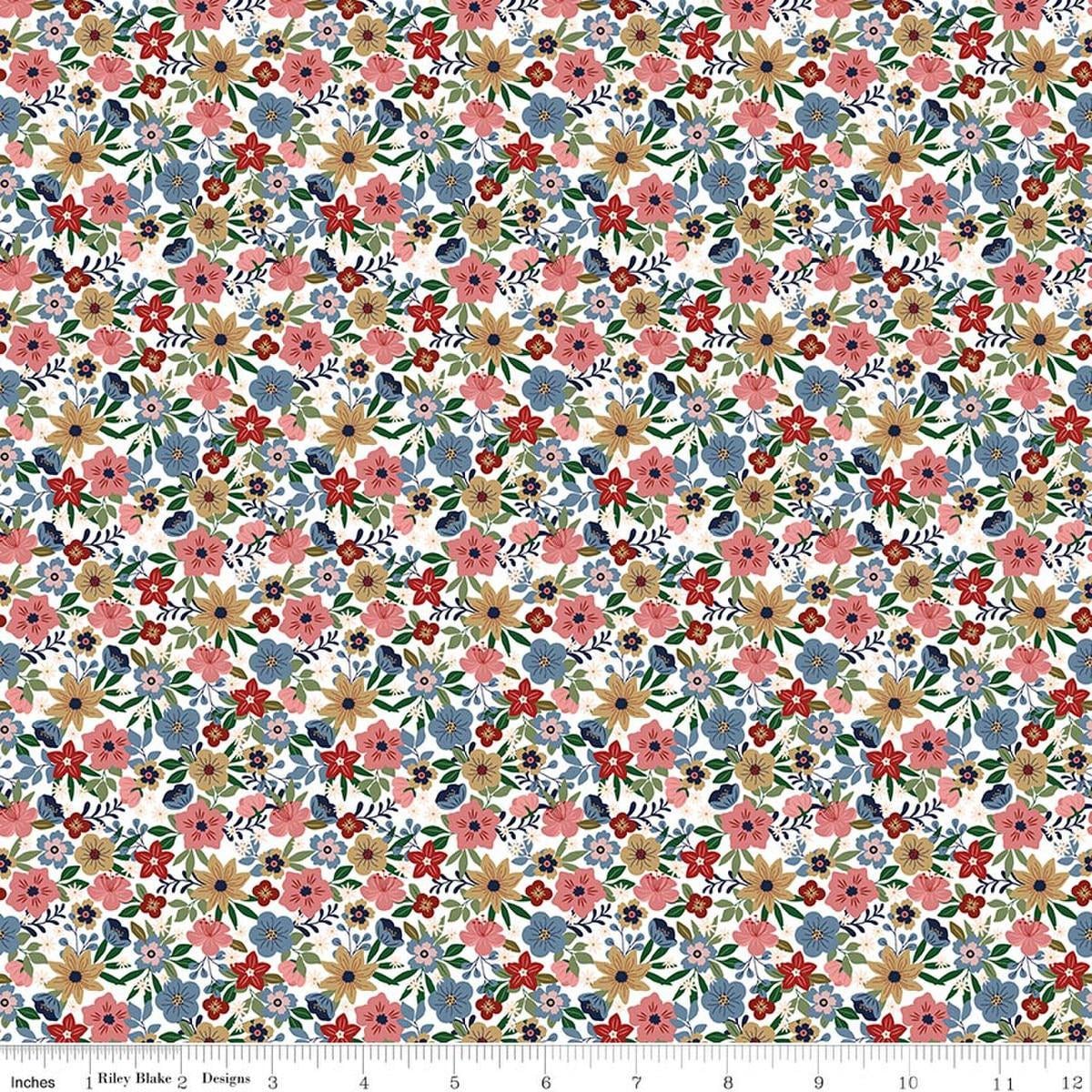 Image of A Spoonful of Sugar Park Garden Cloud quilting cotton fabric by Jennifer Long for Riley Blake Designs. Features flowers on a white background. Cute Little Fabric Shop