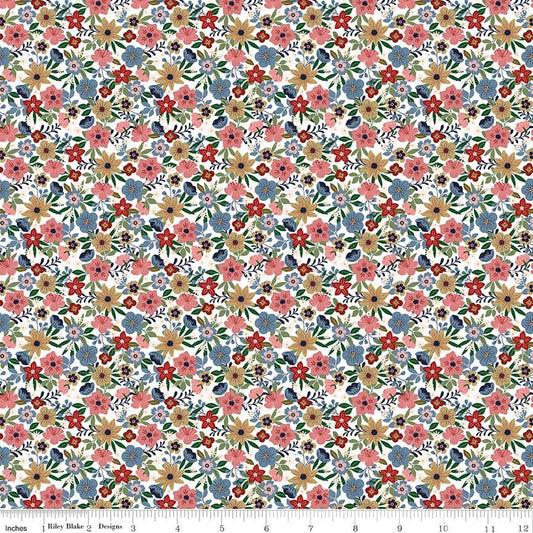 Image of A Spoonful of Sugar Park Garden Cloud quilting cotton fabric by Jennifer Long for Riley Blake Designs. Features flowers on a white background. Cute Little Fabric Shop