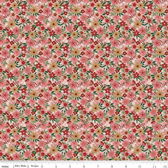 Image of A Spoonful of Sugar Park Garden Shortcake quilting cotton fabric by Jennifer Long for Riley Blake Designs. Features flowers on a pink background. Cute Little Fabric Shop