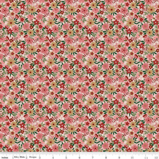 Image of A Spoonful of Sugar Park Garden Shortcake quilting cotton fabric by Jennifer Long for Riley Blake Designs. Features flowers on a pink background. Cute Little Fabric Shop