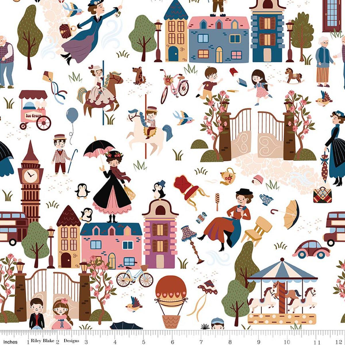 Image of A Spoonful of Sugar Cherry Tree Lane Main Cloud quilting cotton fabric by Jennifer Long for Riley Blake Designs. Features buildings on a white background. Cute Little Fabric Shop