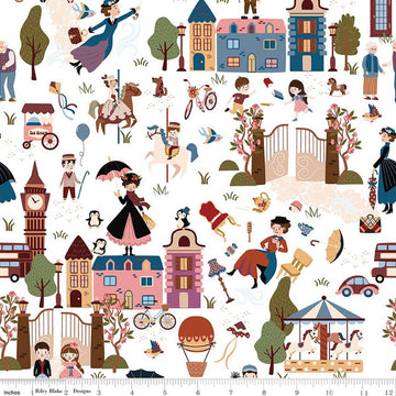 Image of A Spoonful of Sugar Cherry Tree Lane Main Cloud quilting cotton fabric by Jennifer Long for Riley Blake Designs. Features buildings on a white background. Cute Little Fabric Shop