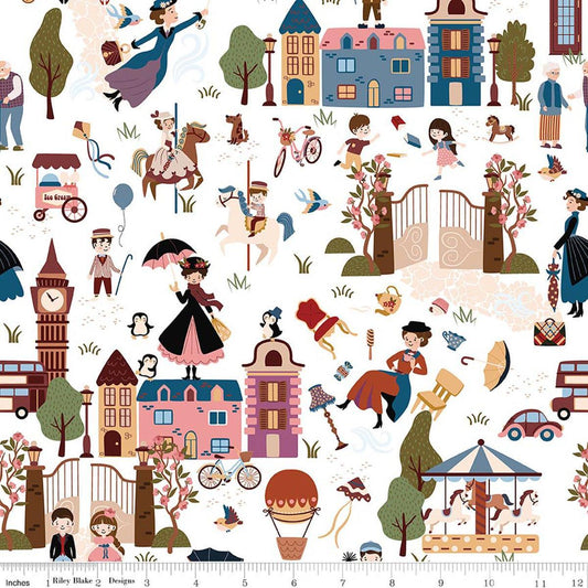 Image of A Spoonful of Sugar Cherry Tree Lane Main Cloud quilting cotton fabric by Jennifer Long for Riley Blake Designs. Features buildings on a white background. Cute Little Fabric Shop