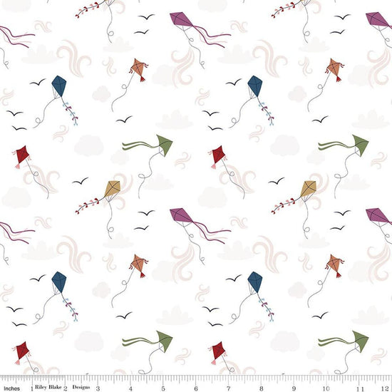 Image of A Spoonful of Sugar Let's Go Fly A Kite Cloud quilting cotton fabric by Jennifer Long for Riley Blake Designs. Features kites on a white background. Cute Little Fabric Shop