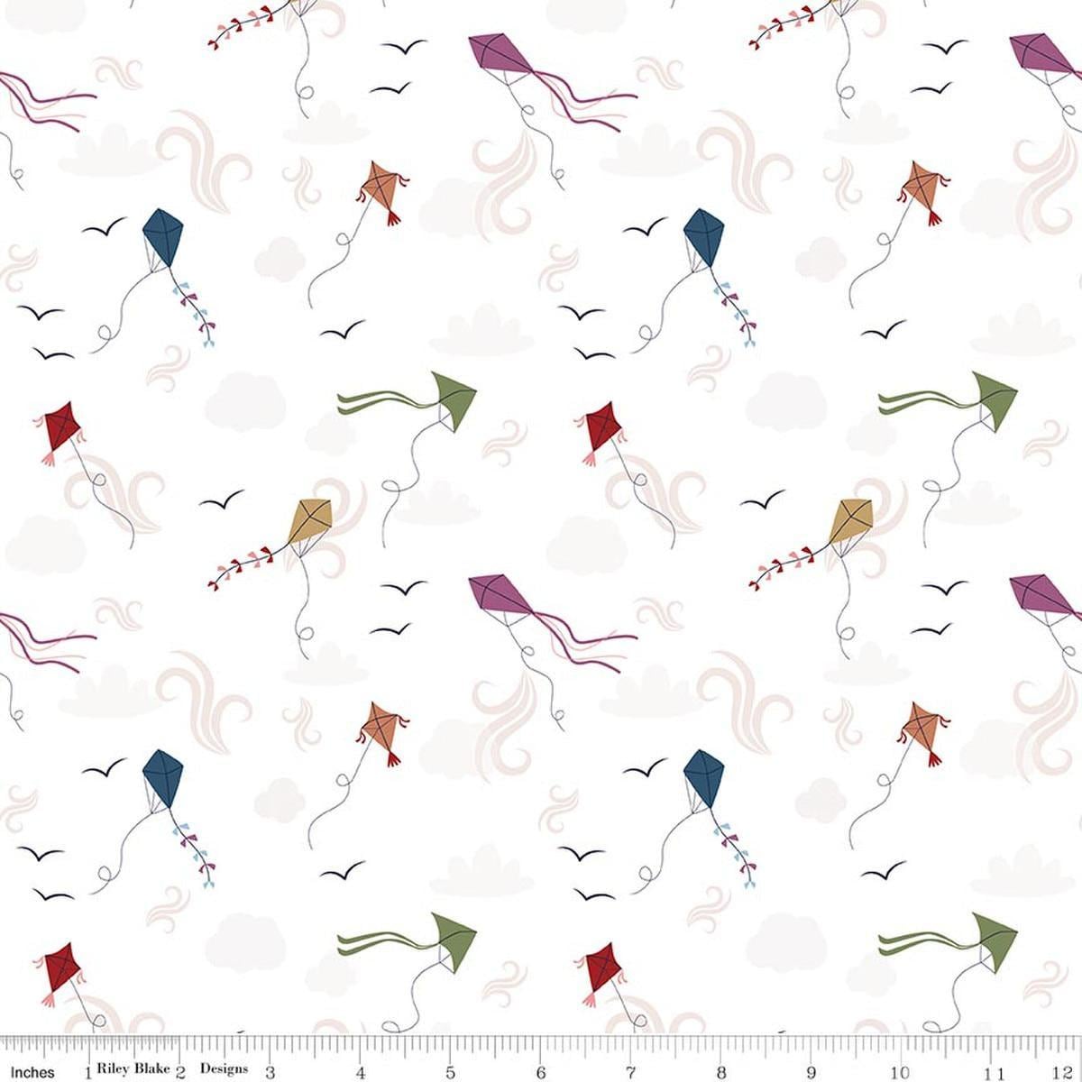 Image of A Spoonful of Sugar Let's Go Fly A Kite Cloud quilting cotton fabric by Jennifer Long for Riley Blake Designs. Features kites on a white background. Cute Little Fabric Shop