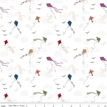 Image of A Spoonful of Sugar Let's Go Fly A Kite Cloud quilting cotton fabric by Jennifer Long for Riley Blake Designs. Features kites on a white background. Cute Little Fabric Shop