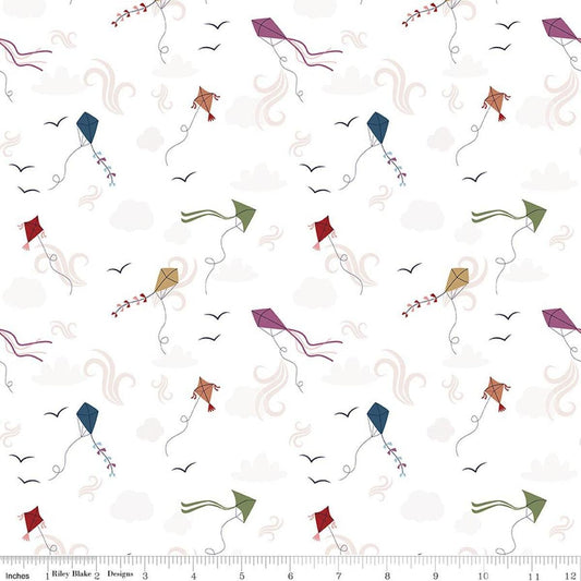 Image of A Spoonful of Sugar Let's Go Fly A Kite Cloud quilting cotton fabric by Jennifer Long for Riley Blake Designs. Features kites on a white background. Cute Little Fabric Shop