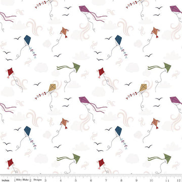 Image of A Spoonful of Sugar Let's Go Fly A Kite Cloud quilting cotton fabric by Jennifer Long for Riley Blake Designs. Features kites on a white background. Cute Little Fabric Shop