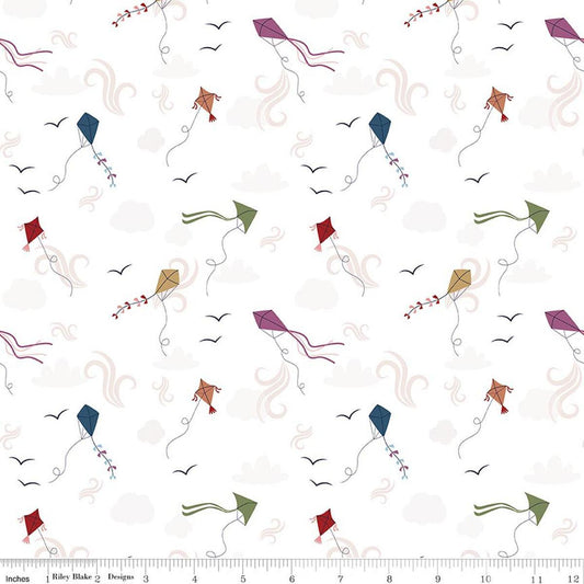 Image of A Spoonful of Sugar Let's Go Fly A Kite Cloud quilting cotton fabric by Jennifer Long for Riley Blake Designs. Features kites on a white background. Cute Little Fabric Shop