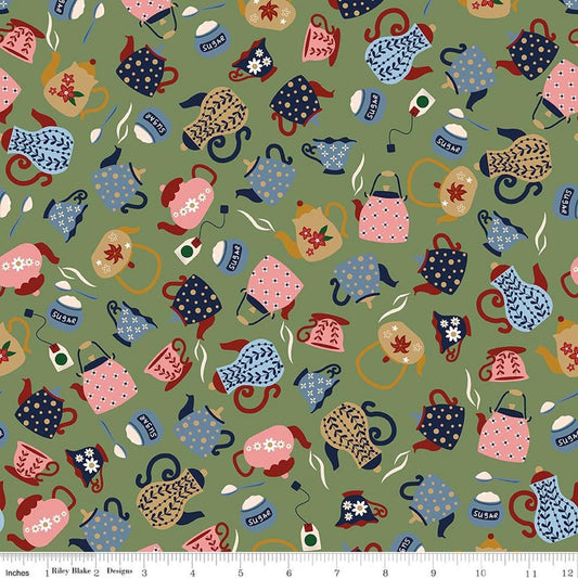 Image of A Spoonful of Sugar Tea & Sugar Green quilting cotton fabric by Jennifer Long for Riley Blake Designs. Features teapots on a green background. Cute Little Fabric Shop