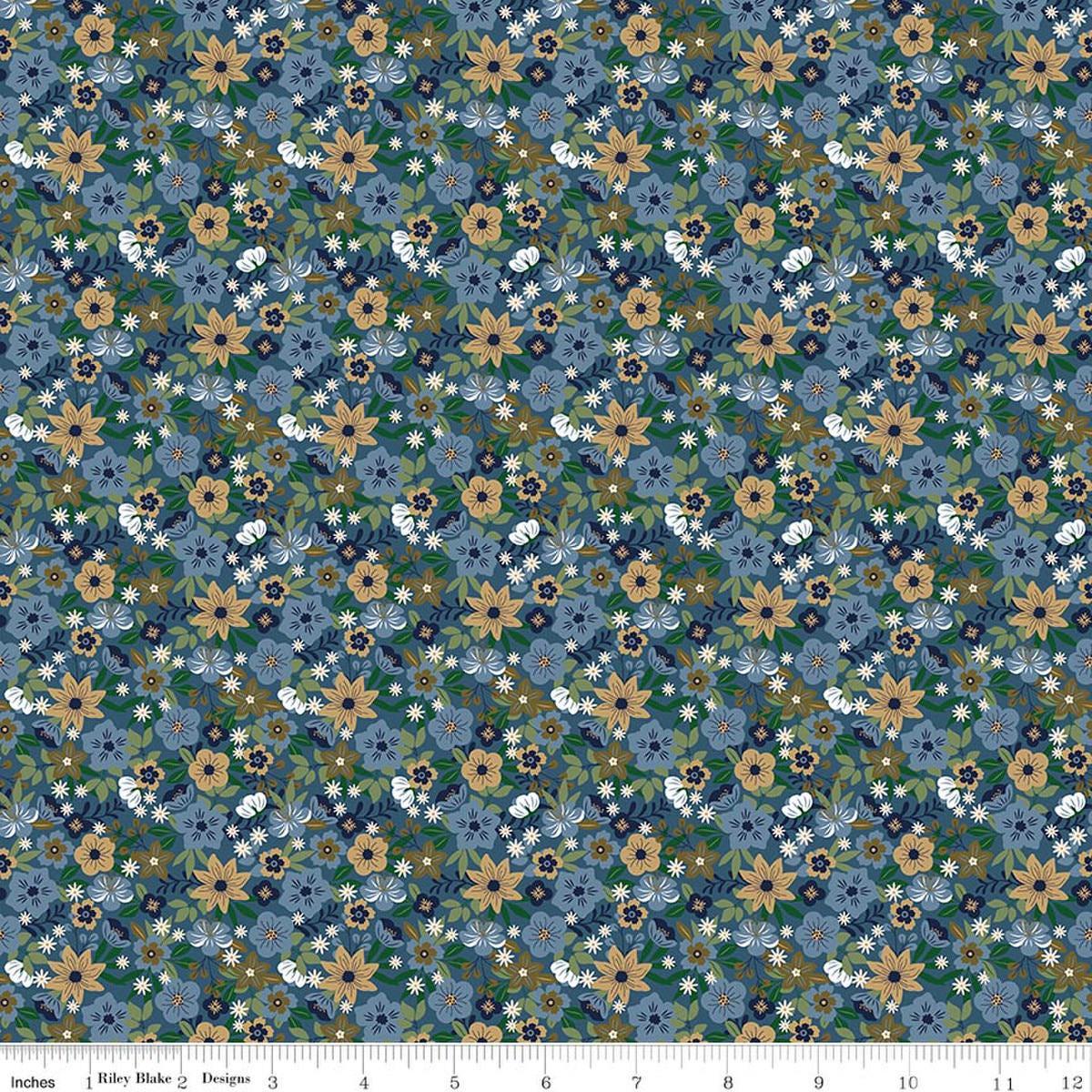 Image of A Spoonful of Sugar Park Garden Blueberry quilting cotton fabric by Jennifer Long for Riley Blake Designs. Features flowers on a blue background. Cute Little Fabric Shop