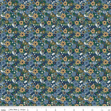 Image of A Spoonful of Sugar Park Garden Blueberry quilting cotton fabric by Jennifer Long for Riley Blake Designs. Features flowers on a blue background. Cute Little Fabric Shop