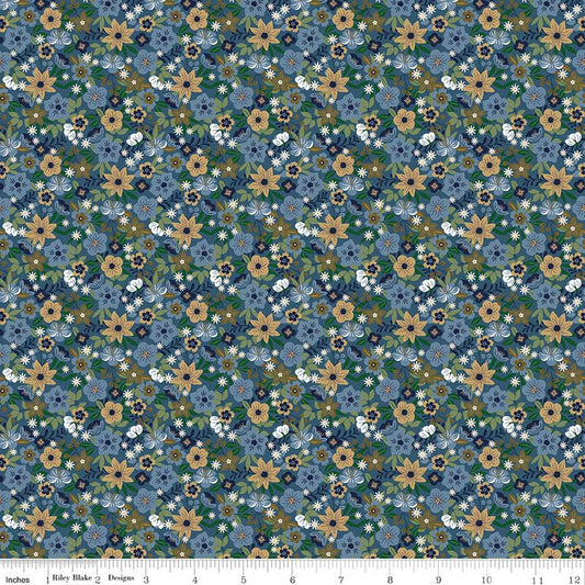 Image of A Spoonful of Sugar Park Garden Blueberry quilting cotton fabric by Jennifer Long for Riley Blake Designs. Features flowers on a blue background. Cute Little Fabric Shop