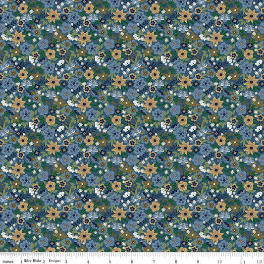 Image of A Spoonful of Sugar Park Garden Blueberry quilting cotton fabric by Jennifer Long for Riley Blake Designs. Features flowers on a blue background. Cute Little Fabric Shop