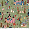 Image of A Spoonful of Sugar Cherry Tree Lane Main Grass quilting cotton fabric by Jennifer Long for Riley Blake Designs. Features buildings on a green background. Cute Little Fabric Shop