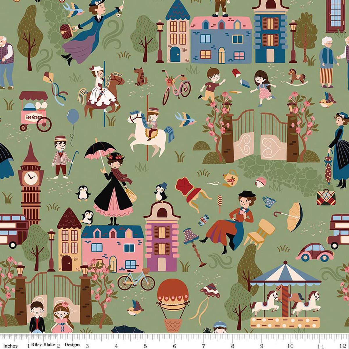 Image of A Spoonful of Sugar Cherry Tree Lane Main Grass quilting cotton fabric by Jennifer Long for Riley Blake Designs. Features buildings on a green background. Cute Little Fabric Shop