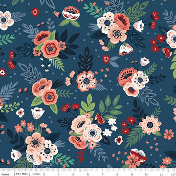 Image of A Spoonful of Sugar Floral Night quilting cotton fabric by Jennifer Long for Riley Blake Designs. Features flowers on a blue background. Cute Little Fabric Shop