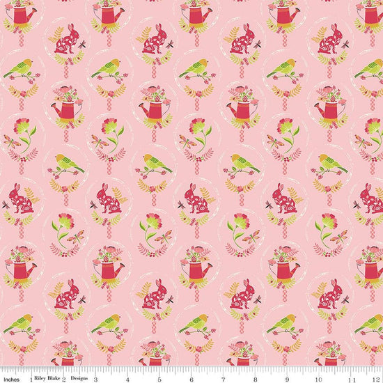 Image of Awakening Spring Charms Pink quilting cotton fabric by Cherry Guidry for Riley Blake Designs. Features flowers and animals on a pink background. Cute Little Fabric Shop.