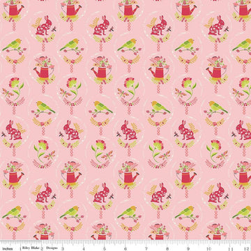 Image of Awakening Spring Charms Pink quilting cotton fabric by Cherry Guidry for Riley Blake Designs. Features flowers and animals on a pink background. Cute Little Fabric Shop.