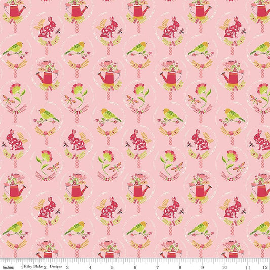 Image of Awakening Spring Charms Pink quilting cotton fabric by Cherry Guidry for Riley Blake Designs. Features flowers and animals on a pink background. Cute Little Fabric Shop.
