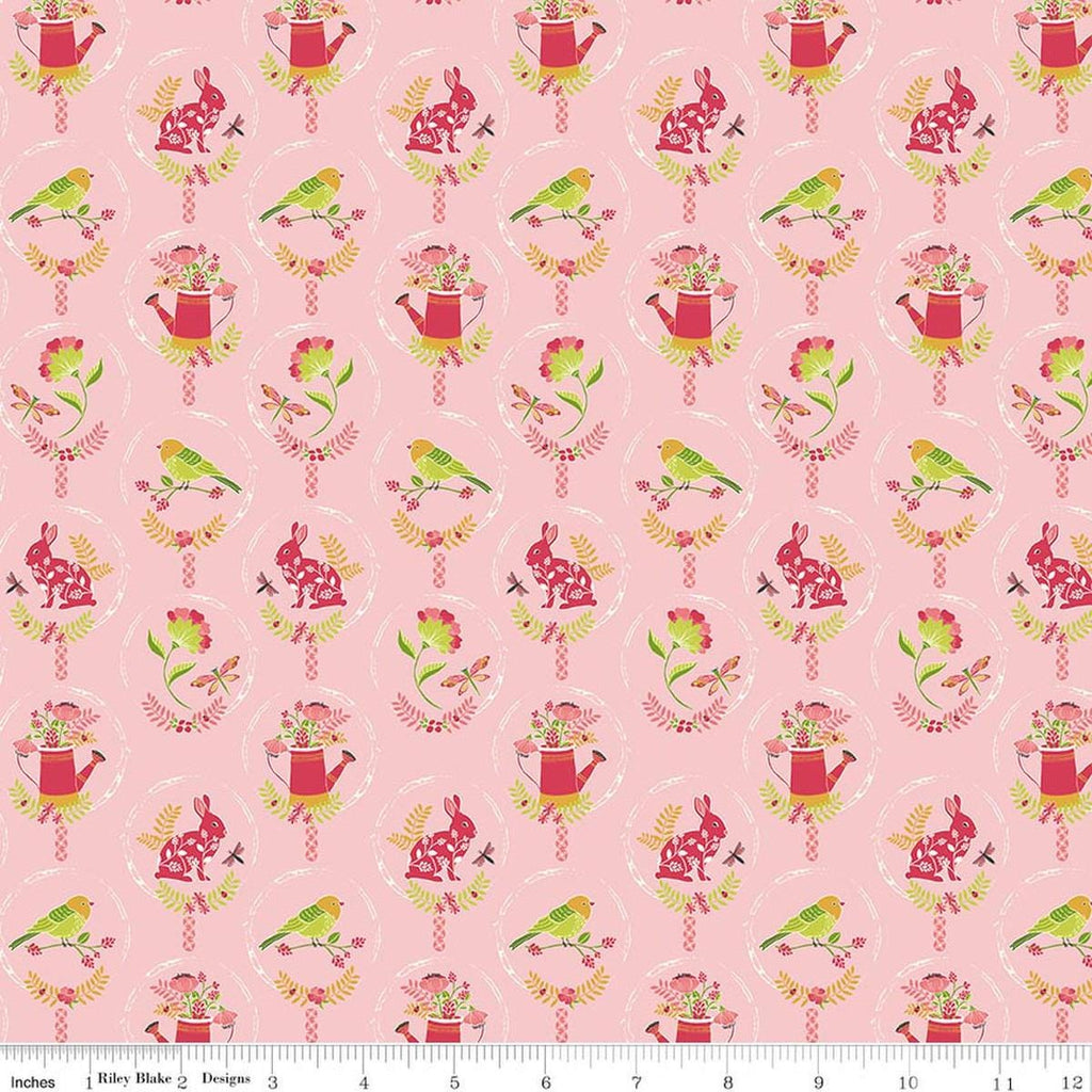 Image of Awakening Spring Charms Pink quilting cotton fabric by Cherry Guidry for Riley Blake Designs. Features flowers and animals on a pink background. Cute Little Fabric Shop.
