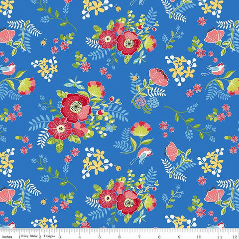 Image of Awakening Spring Palette Azure quilting cotton fabric by Cherry Guidry for Riley Blake Designs. Features flowers on a blue background. Cute Little Fabric Shop.