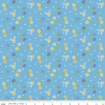Image of Awakening Blossoms Blue quilting cotton fabric by Cherry Guidry for Riley Blake Designs. Features flowers on a blue background. Cute Little Fabric Shop.