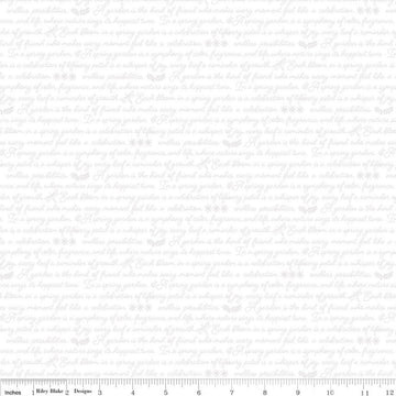 Image of Awakening Garden's Promise White on White quilting cotton fabric by Cherry Guidry for Riley Blake Designs. Features text on a white background. Cute Little Fabric Shop.